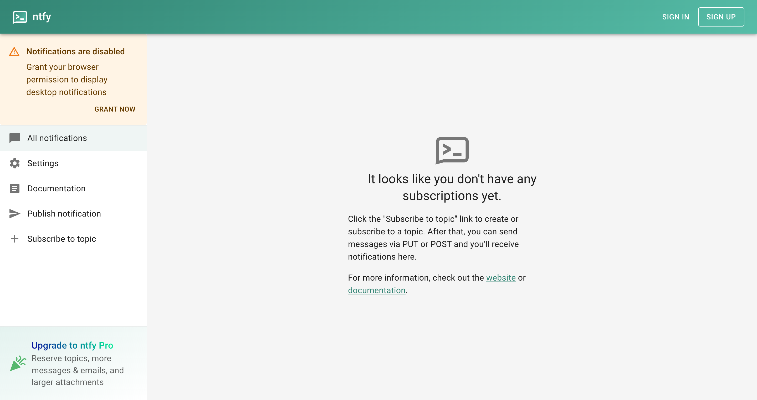 ntfy Web App 截图，展示订阅与发布通知的网页界面。